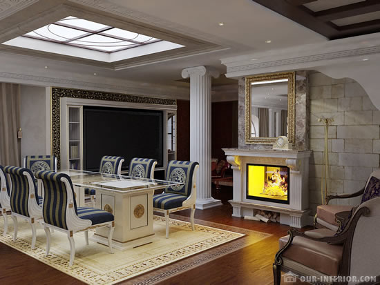 Гостиная в античном стиле: потолок из гипсокартона и стекла