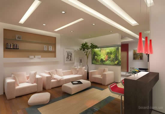 На подвесном потолке может быть несколько разновидностей светильников