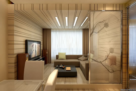 Оклейка потолка обоями в полоску