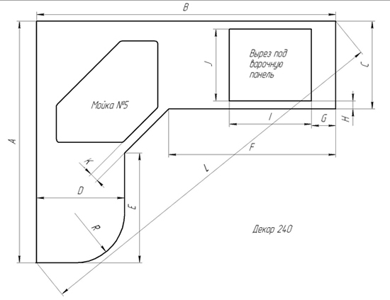 Схема столешницы с размерами