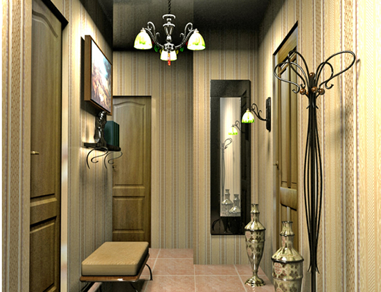 Вертикальная полоска на обоях и глянцевый потолок делают прихожую выше